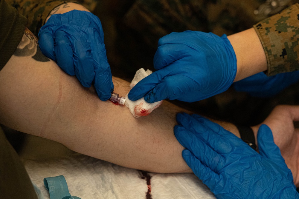 U.S. Navy Corpsman with 3rd Medical Battalion demonstrate a blood transfusion for the Japanese Ground Self Defense Force