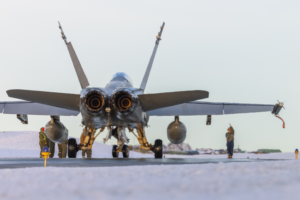 U.S. Marine Corps F/A-18 Hornets take flight with VMFA-312 in preparation for Exercise Nordic Response 24
