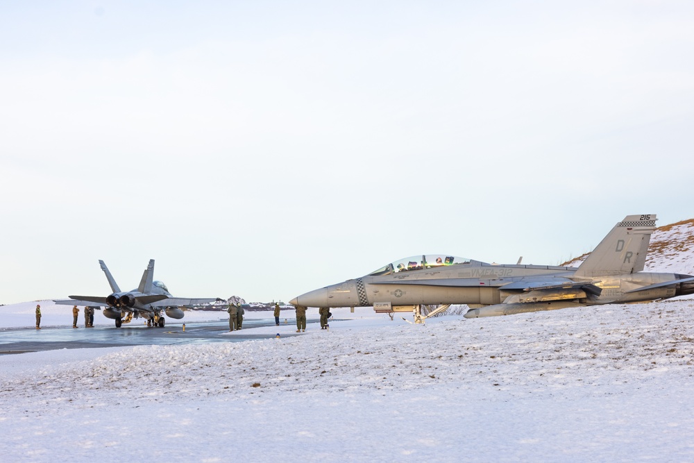 U.S. Marine Corps F/A-18 Hornets take flight with VMFA-312 in preparation for Exercise Nordic Response 24