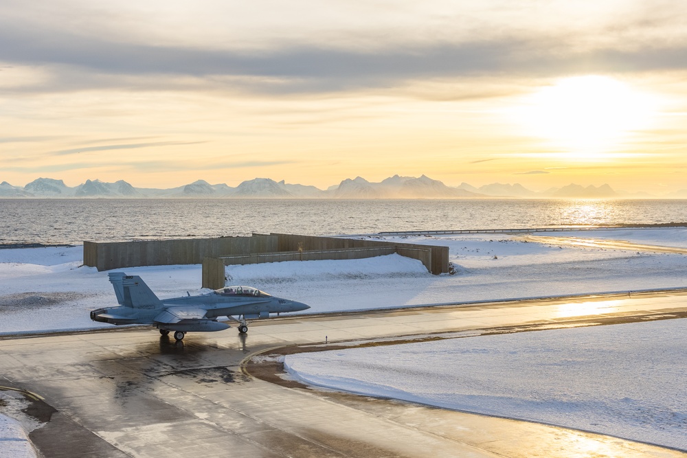 U.S. Marine Corps F/A-18 Hornets take flight with VMFA-312 in preparation for Exercise Nordic Response 24