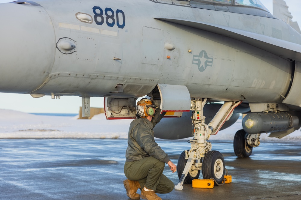 U.S. Marine Corps F/A-18 Hornets take flight with VMFA-312 in preparation for Exercise Nordic Response 24