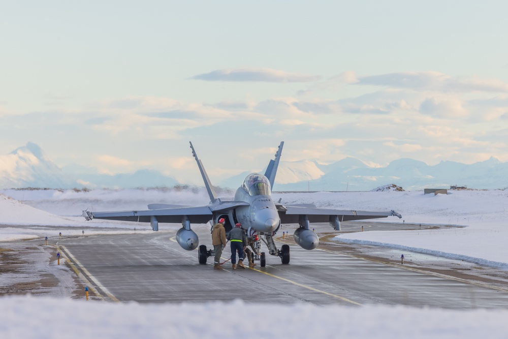 U.S. Marine Corps F/A-18 Hornets take flight with VMFA-312 in preparation for Exercise Nordic Response 24