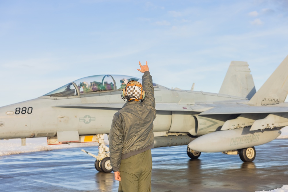 U.S. Marine Corps F/A-18 Hornets take flight with VMFA-312 in preparation for Exercise Nordic Response 24