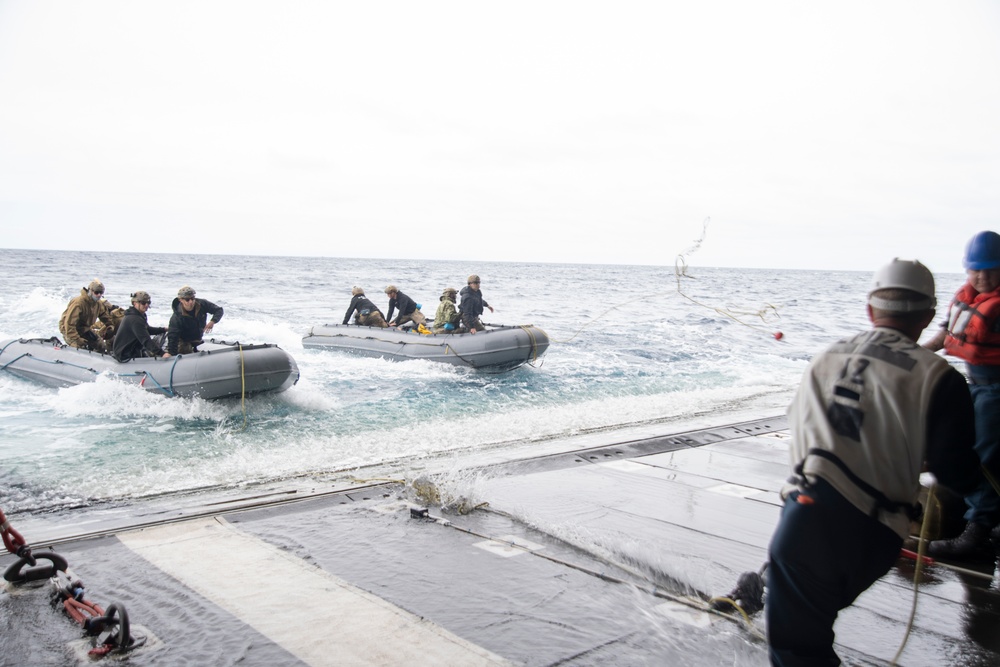 USS San Diego recovers Navy combat rubber raiding craft while underway for NASA’s Underway Recovery Test 11