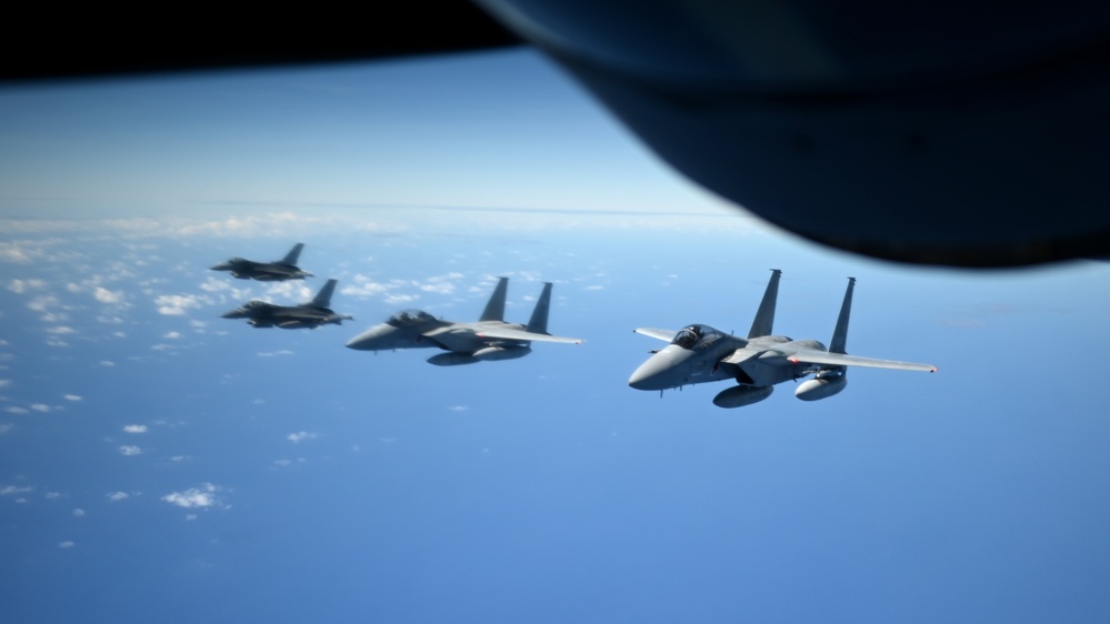 U.S. F-15s, F-16s and JASDF F-15MJs train together during Cope North 24