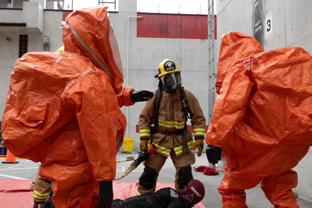 MCIPAC Fire and Emergency Services and Urasoe City firefighters train together in bilateral HAZMAT event