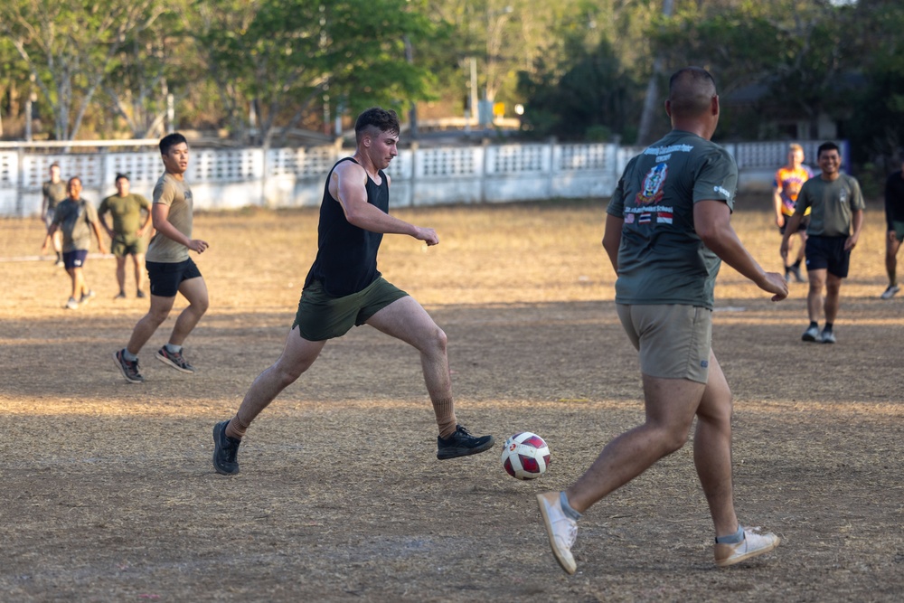 Cobra Gold 24; Marines with Marine Wing Support Squadron 171 Play Soccer with Royal Thai Marines and Singaporean Soldiers