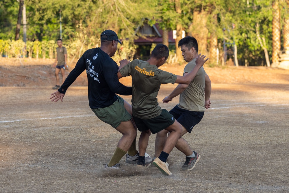 Cobra Gold 24; Marines with Marine Wing Support Squadron 171 Play Soccer with Royal Thai Marines and Singaporean Soldiers