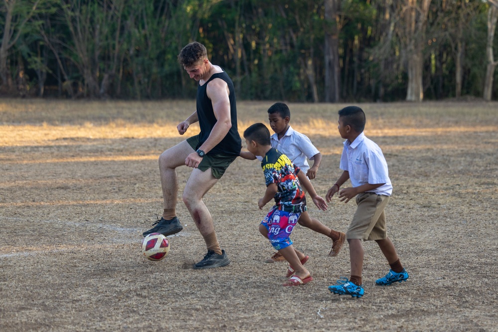 Cobra Gold 24; Marines with Marine Wing Support Squadron 171 Play Soccer with Royal Thai Marines and Singaporean Soldiers