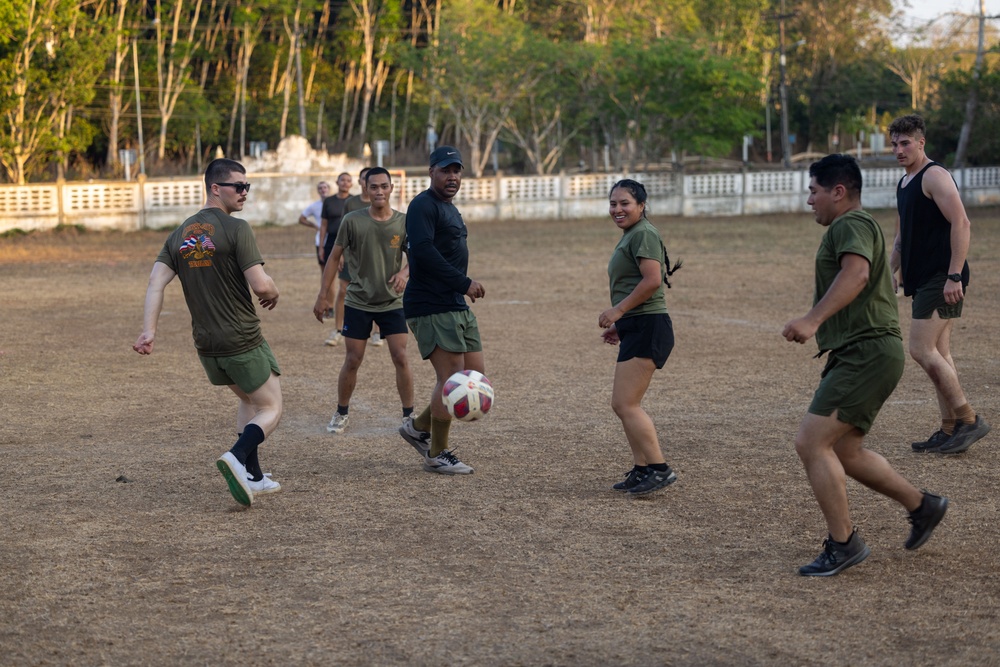 Cobra Gold 24; Marines with Marine Wing Support Squadron 171 Play Soccer with Royal Thai Marines and Singaporean Soldiers