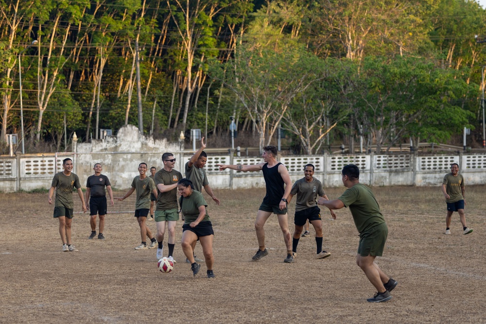 Cobra Gold 24; Marines with Marine Wing Support Squadron 171 Play Soccer with Royal Thai Marines and Singaporean Soldiers