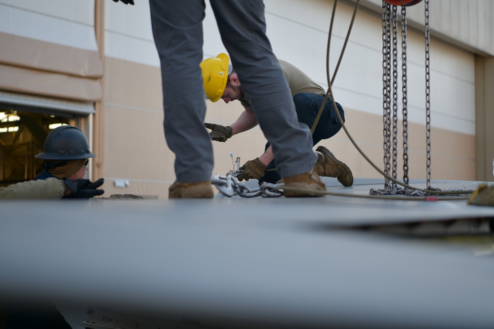 Depot team removes F-15 wing as 104FW prepares for conversion