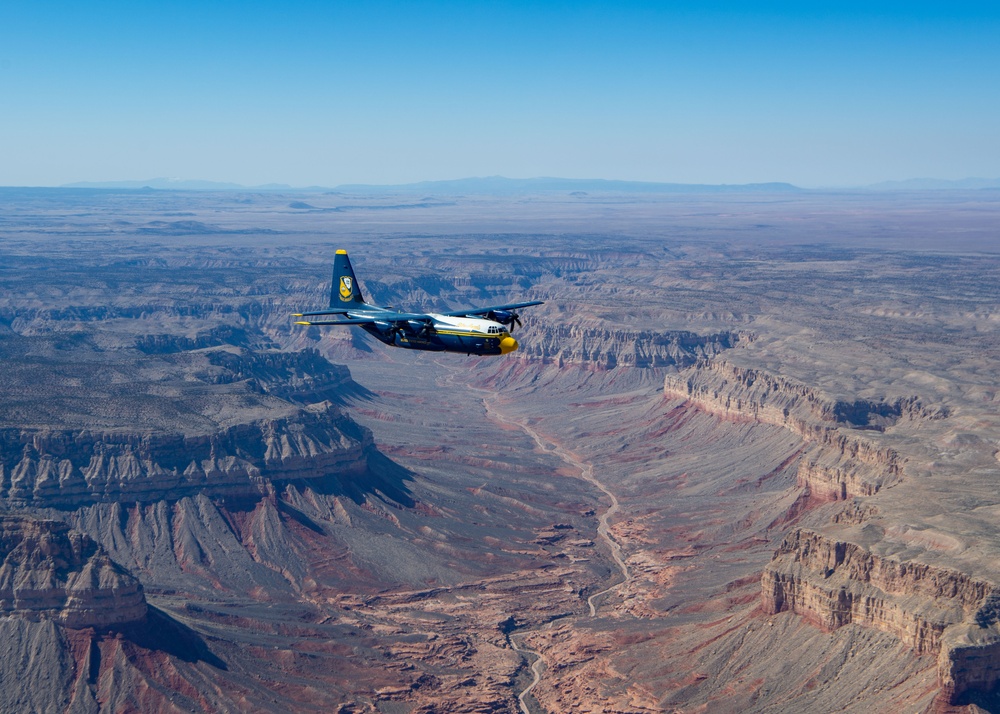 Blue Angels C-130J Super Hercules performs a scheduled photo exercise over the Grand Canyon National Park