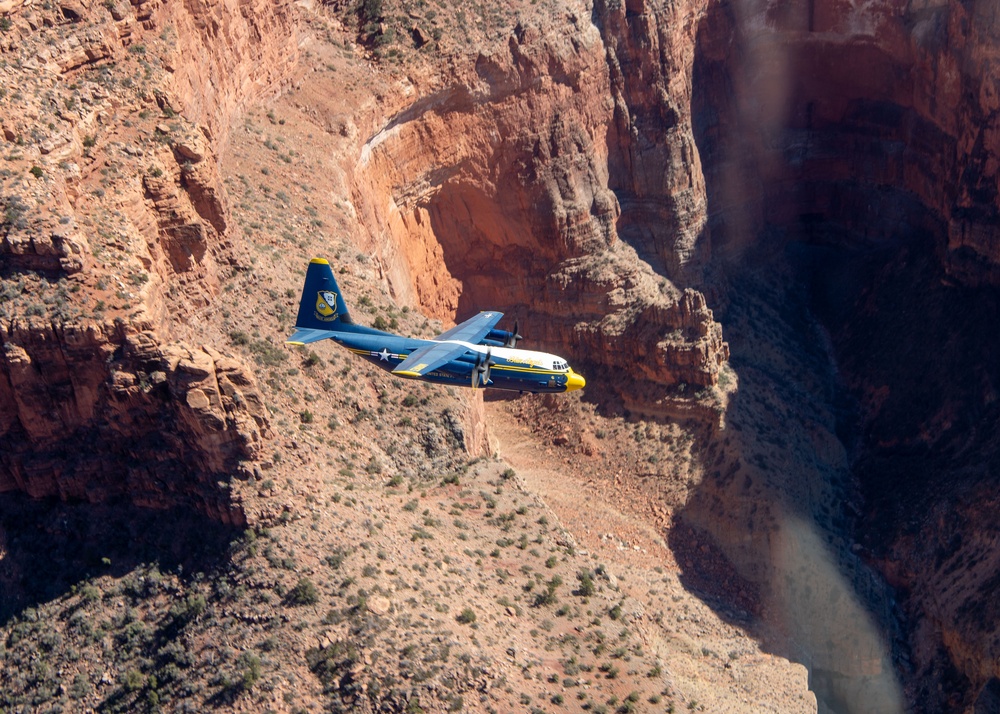 Blue Angels C-130J Super Hercules performs a scheduled photo exercise over the Grand Canyon National Park