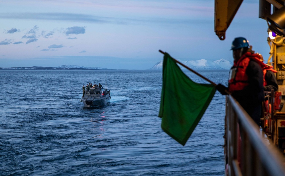 USS Gunston Hall conducts small boat operations with Le Bataillon de Fusiliers Marins (BFM) Détroyat and Swedish and Finnish Marines during Steadfast Defender 24