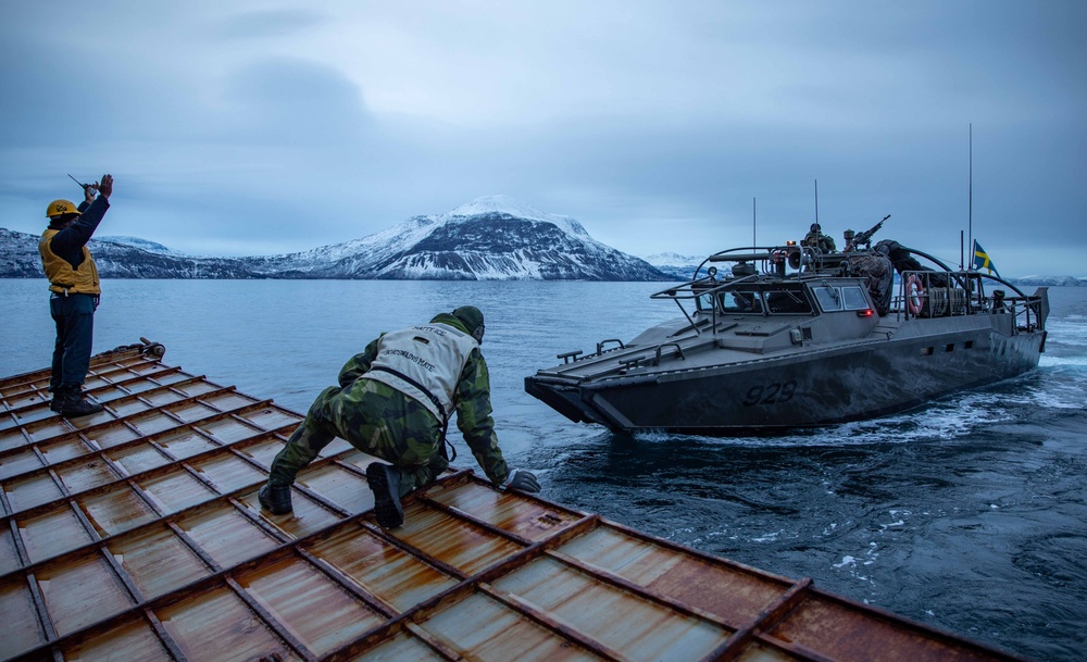 USS Gunston Hall conducts small boat operations with Le Bataillon de Fusiliers Marins (BFM) Détroyat and Swedish and Finnish Marines during Steadfast Defender 24