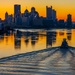 Barge traffic moves through port of Pittsburgh at sunrise