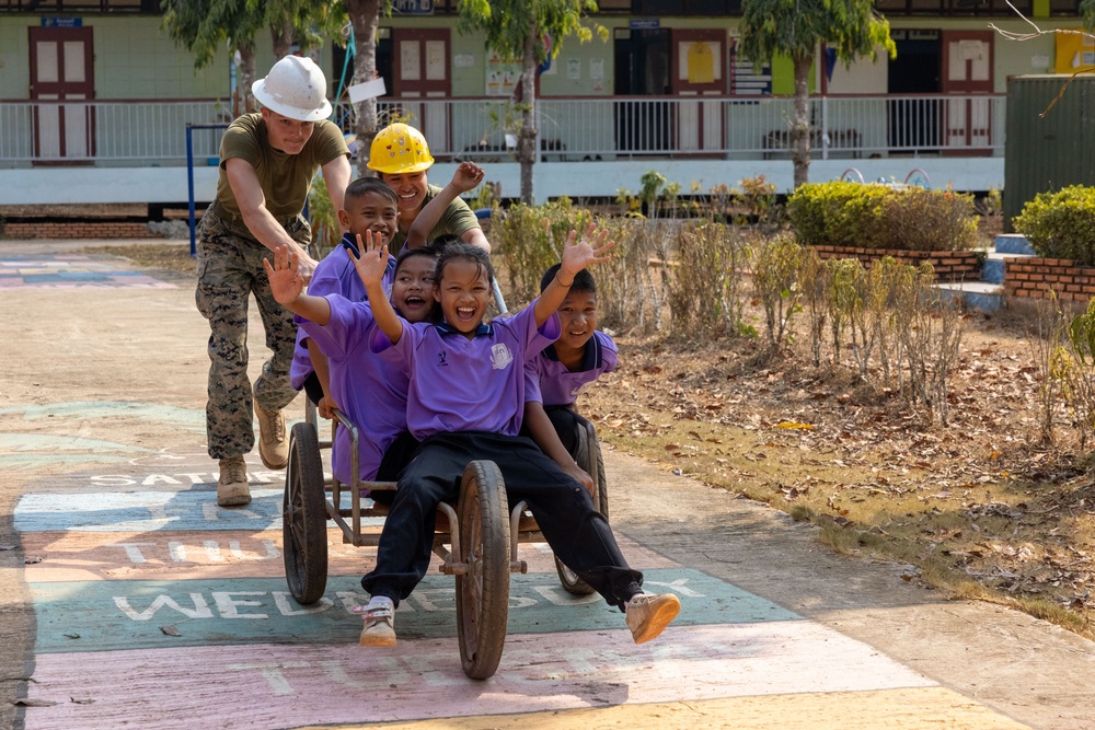 Cobra Gold 24; Marines with Marine Wing Support Squadron 171 lay concrete and do electrical work at the Ban Prakaet School