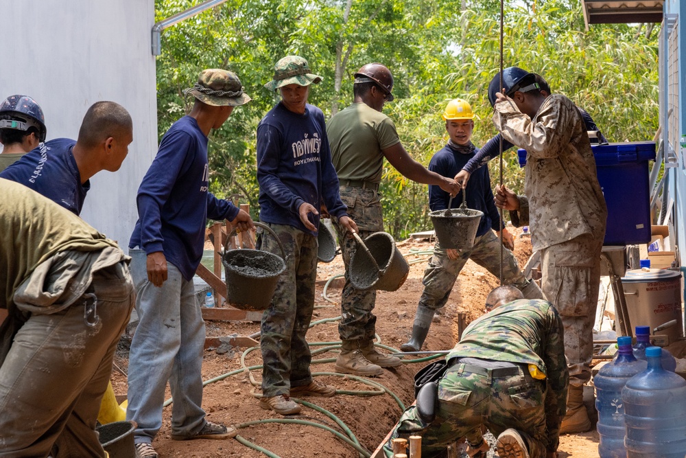 Cobra Gold 24; Marines with Marine Wing Support Squadron 171 lay concrete and do electrical work at the Ban Prakaet School