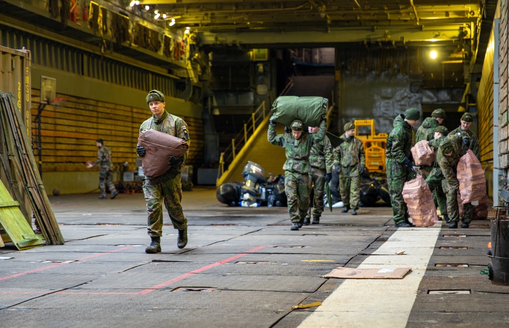 Finnish Marines prepare for small boat operations board USS Gunston Hall in support of Steadfast Defender 24