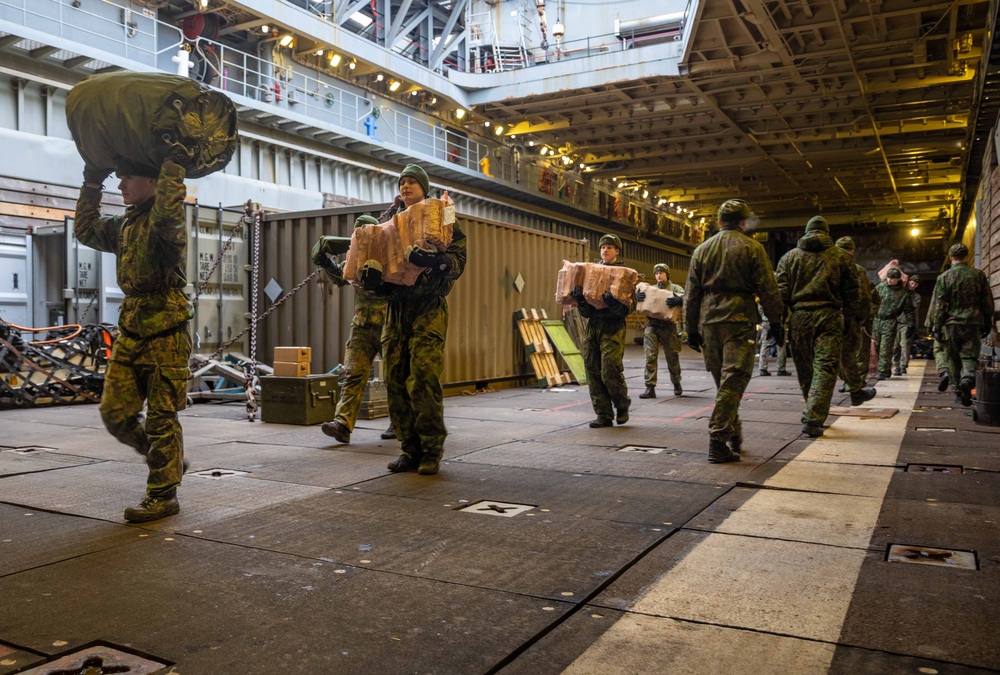 Finnish Marines prepare for small boat operations board USS Gunston Hall in support of Steadfast Defender 24