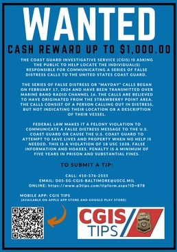 Coast Guard seeks public help identifying individual responsible for communicating series of false distress calls