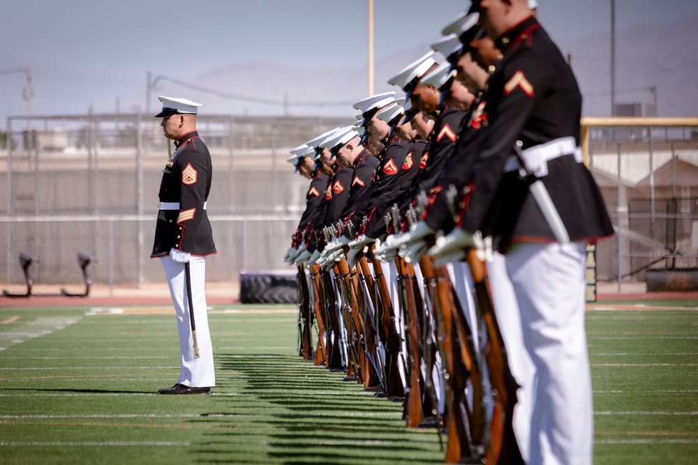 Silent Drill Platoon and the Commandant’s Own Drum &amp; Bugle Corps perform at Clark High School in Las Vegas