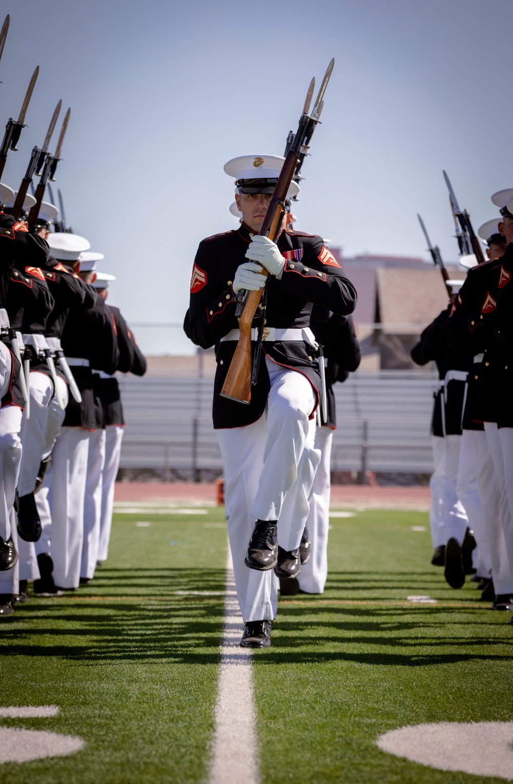 Silent Drill Platoon and the Commandant’s Own Drum &amp; Bugle Corps perform at Clark High School in Las Vegas