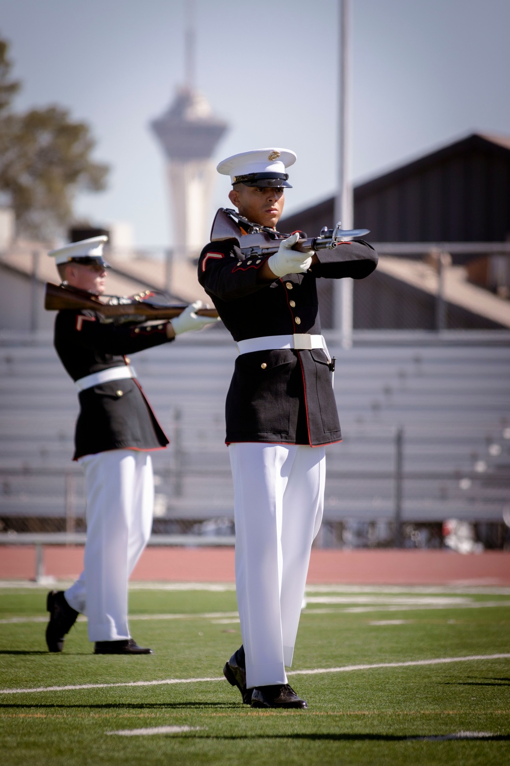 Silent Drill Platoon and the Commandant’s Own Drum &amp; Bugle Corps perform at Clark High School in Las Vegas