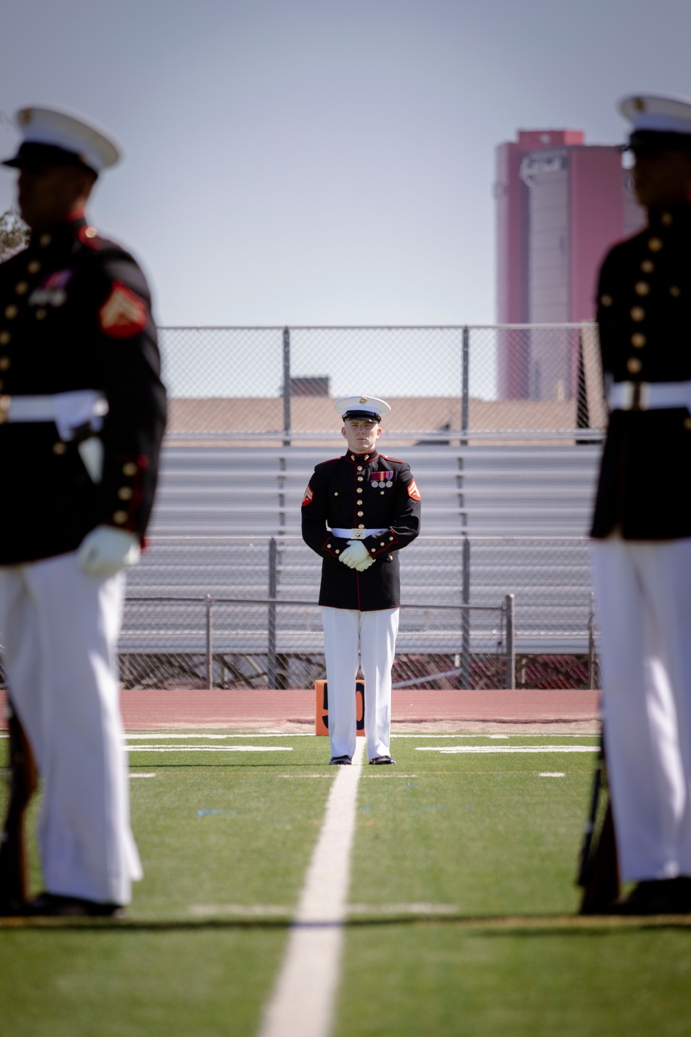 Silent Drill Platoon and the Commandant’s Own Drum &amp; Bugle Corps perform at Clark High School in Las Vegas