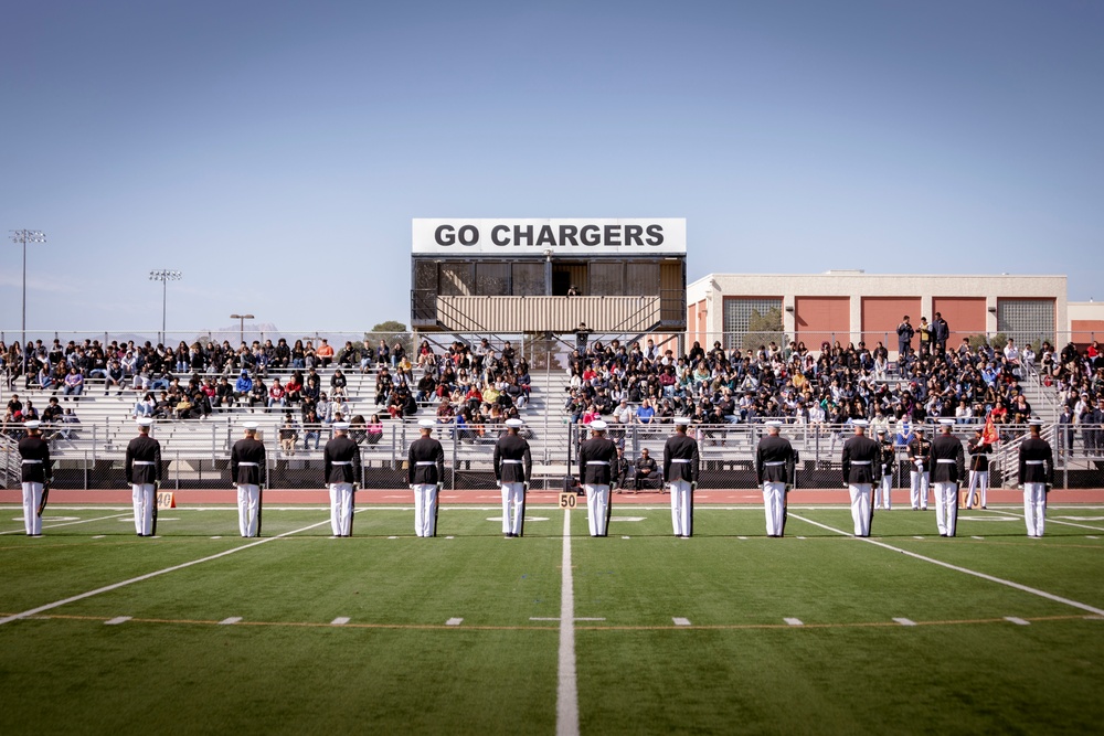 Silent Drill Platoon and the Commandant’s Own Drum &amp; Bugle Corps perform at Clark High School in Las Vegas