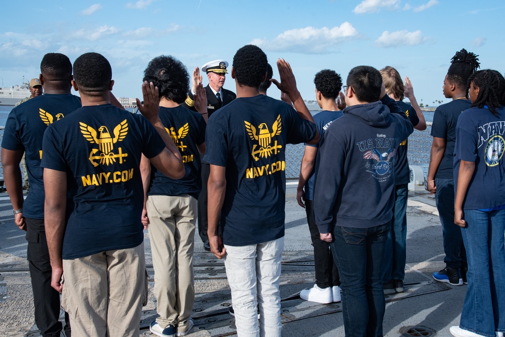 Rear Adm. Aiken Administers Oath of Enlistment aboard USS Delbert D. Black