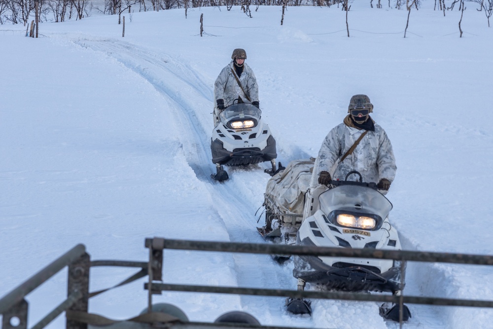 Exercise Nordic Response 24: U.S. Marines with Combat Logistics Battalion 6 complete a snowmobile resupply