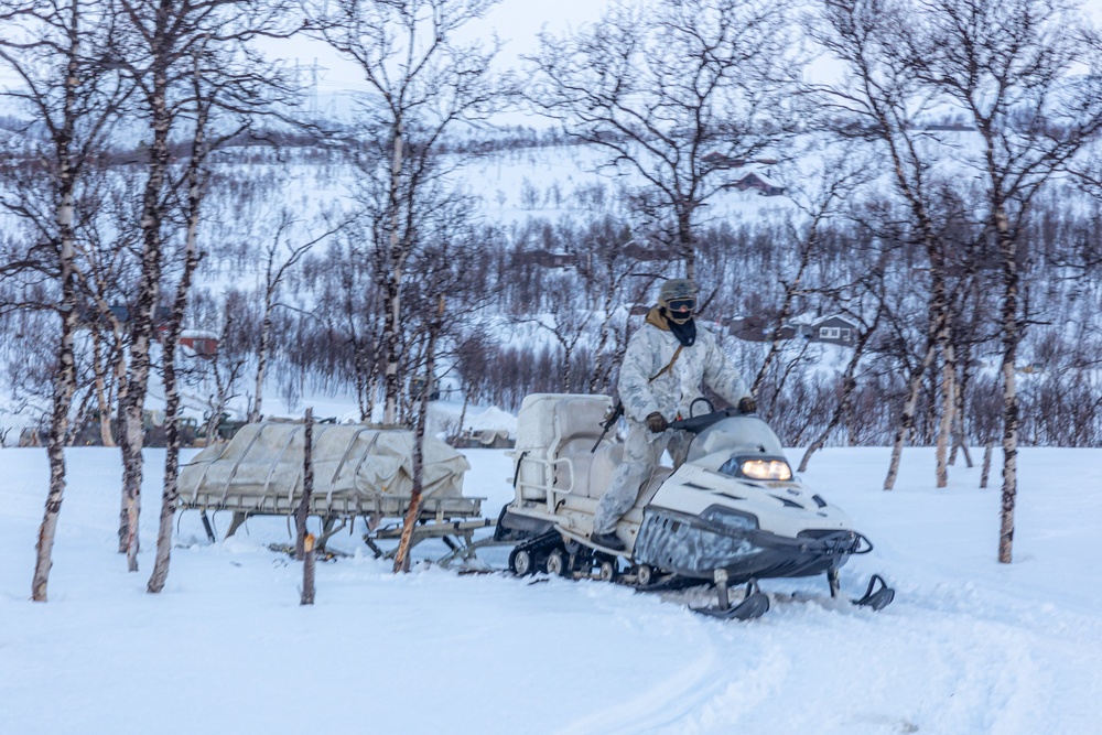 Exercise Nordic Response 24: U.S. Marines with Combat Logistics Battalion 6 complete a snowmobile resupply