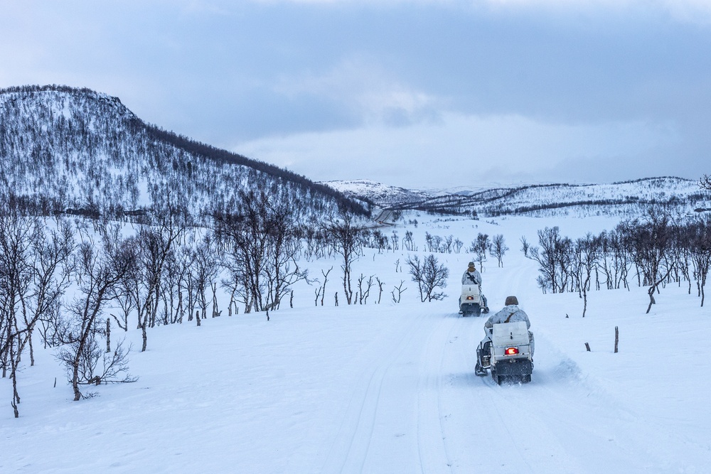 Exercise Nordic Response 24: U.S. Marines with Combat Logistics Battalion 6 complete a snowmobile resupply