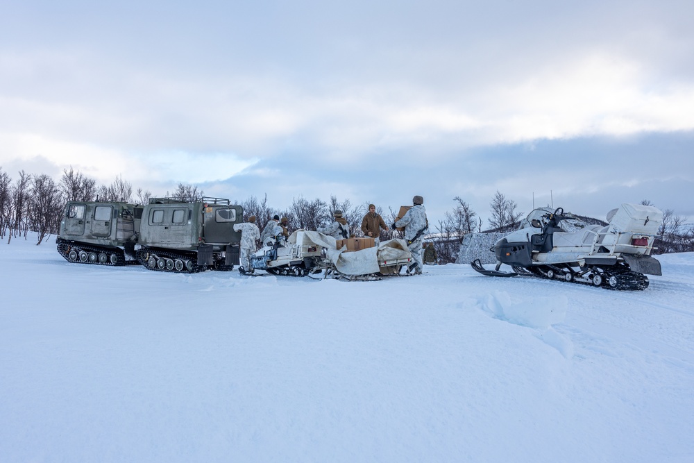 Exercise Nordic Response 24: U.S. Marines with Combat Logistics Battalion 6 complete a snowmobile resupply