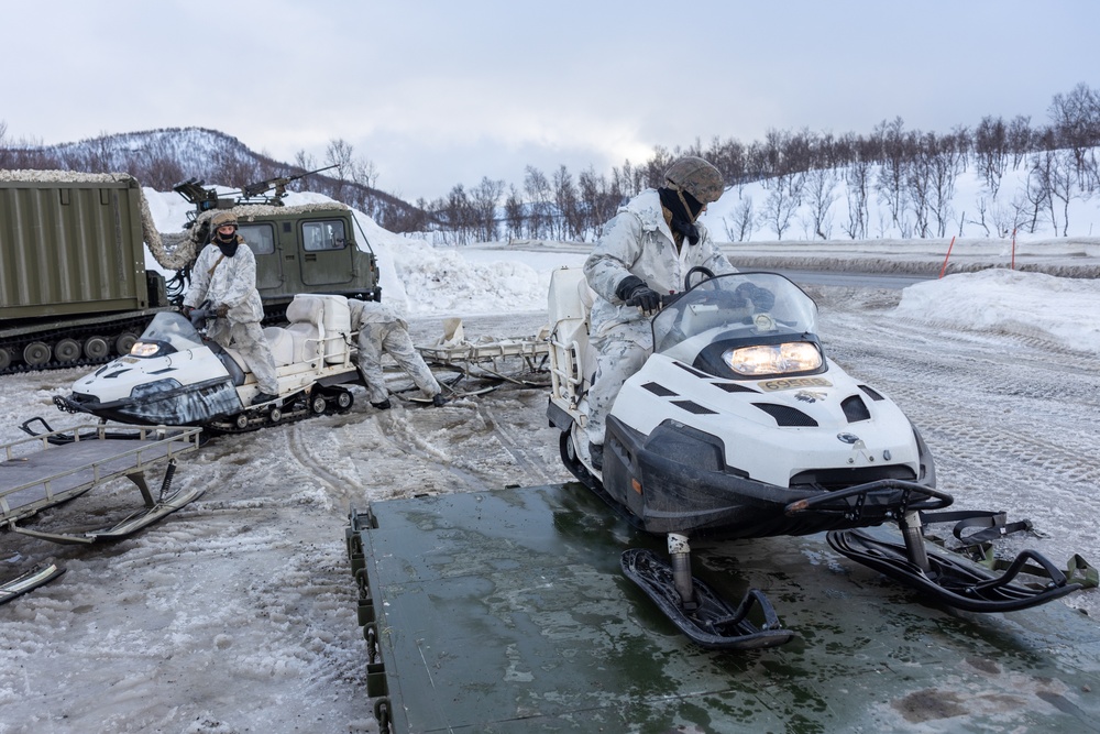 Exercise Nordic Response 24: U.S. Marines with Combat Logistics Battalion 6 complete a snowmobile resupply