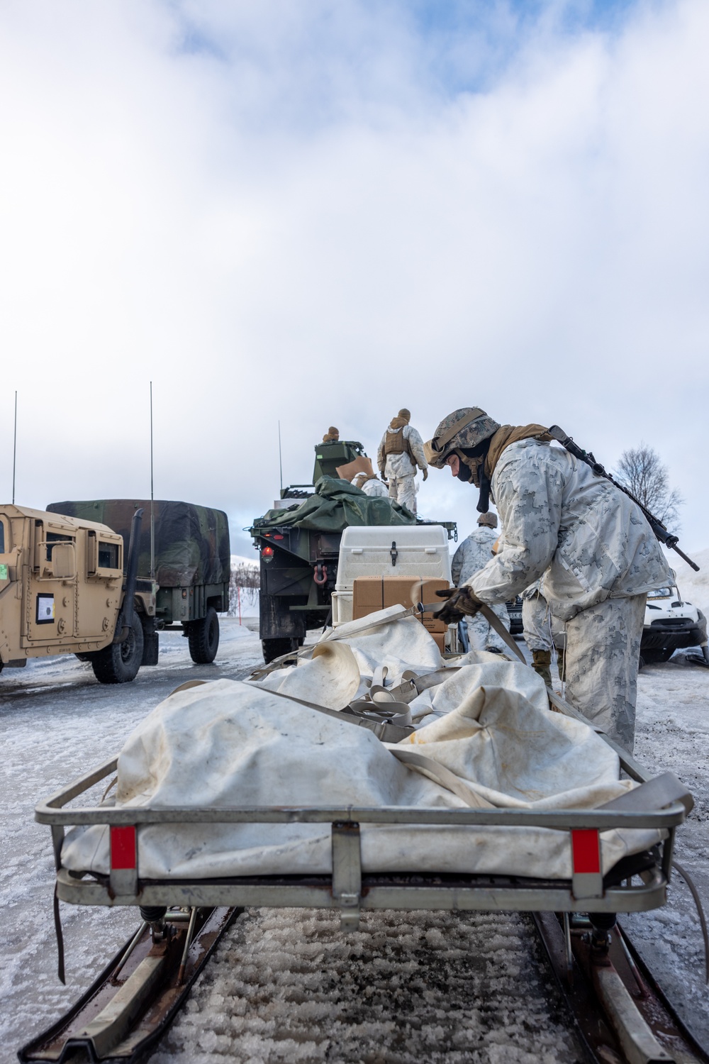 Exercise Nordic Response 24: U.S. Marines with Combat Logistics Battalion 6 complete a snowmobile resupply