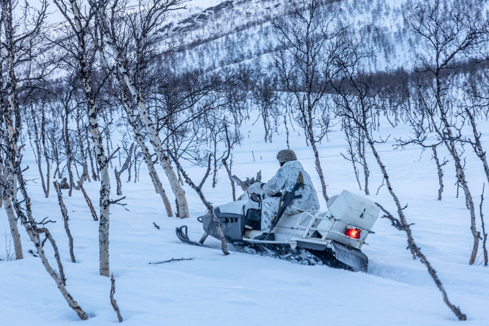 Exercise Nordic Response 24: U.S. Marines with Combat Logistics Battalion 6 complete a snowmobile resupply