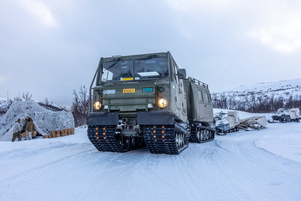 Exercise Nordic Response 24: U.S. Marines with Combat Logistics Battalion 6 complete a snowmobile resupply