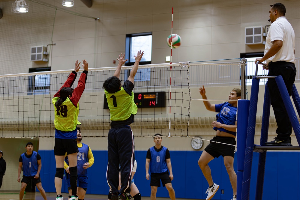 High Hitters: American and Japanese volleyball teams compete in U.S.-Japan volleyball tournament at Atago Sports Complex.