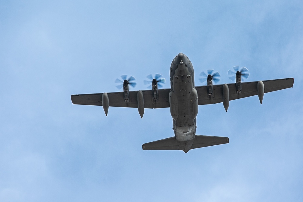 MC-130J passes over Megara drop zone