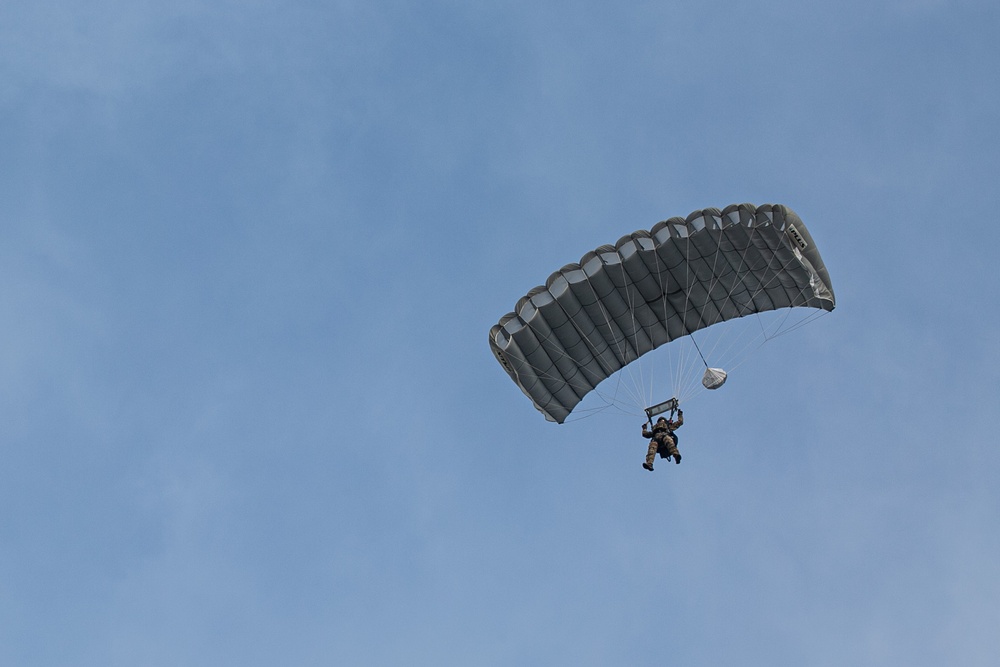 Green Beret descends to Megara drop zone