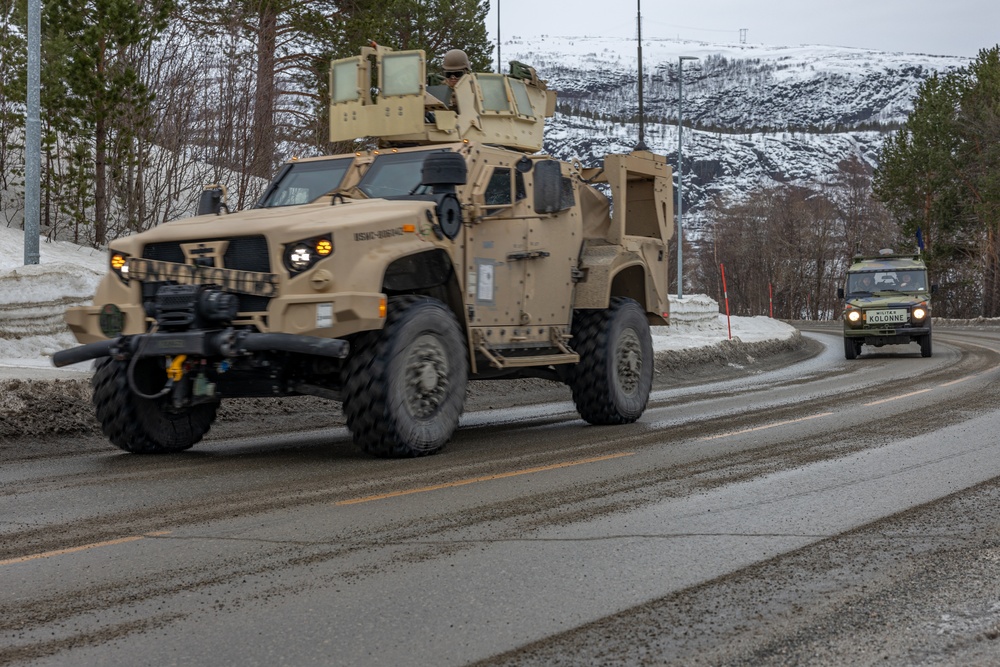 Exercise Nordic Response 24: U.S. Marines with Combat Logistics Battalion 6 conduct joint convoy operations with Norwegian soldiers