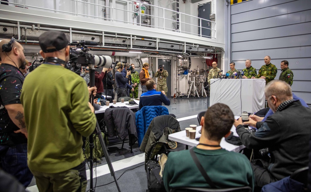 Vice Adm. Doug Perry speaks at press conference in support of Nordic Response and Steadfast Defender in Norway