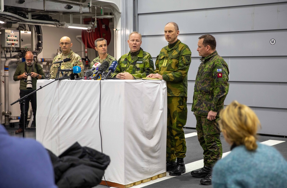 Vice Adm. Doug Perry speaks at press conference in support of Nordic Response and Steadfast Defender in Norway