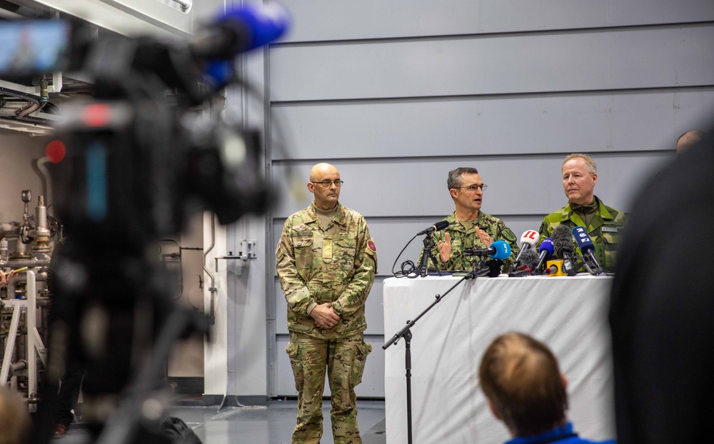 Vice Adm. Doug Perry speaks at press conference in support of Nordic Response and Steadfast Defender in Norway