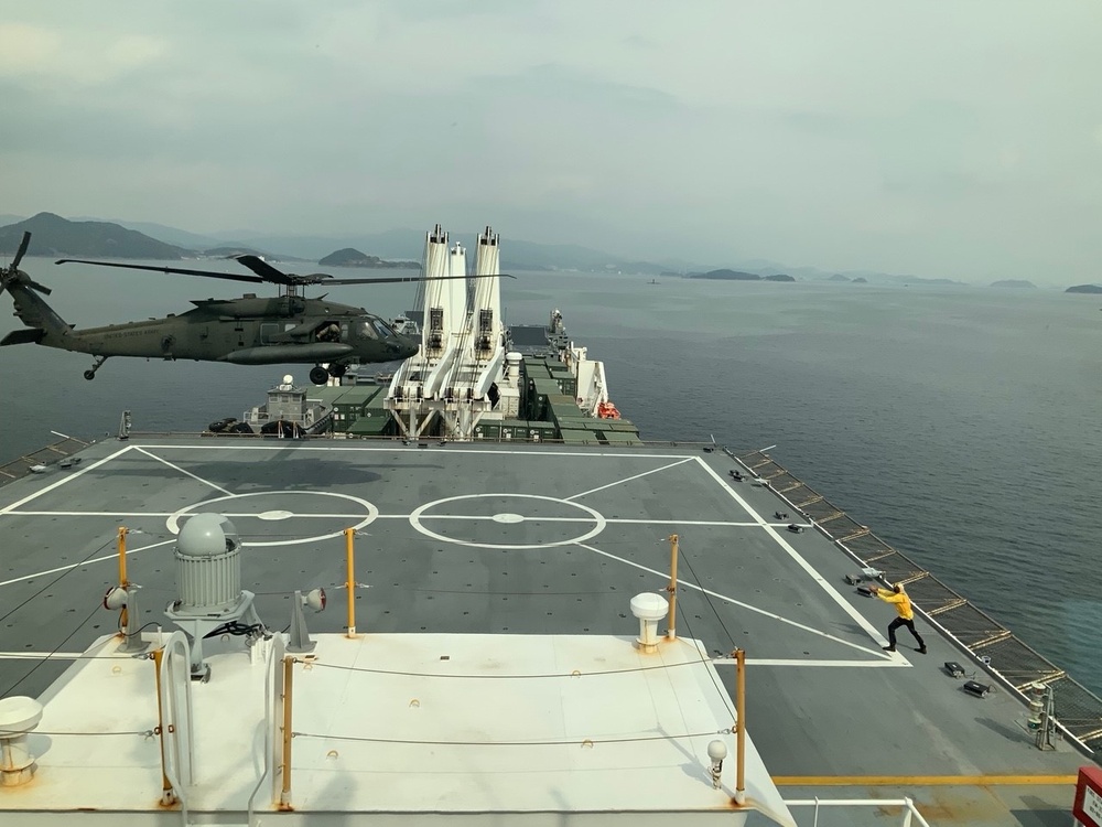 U.S. Army Assault Helicopters Conduct Deck Landings on USNS Dahl