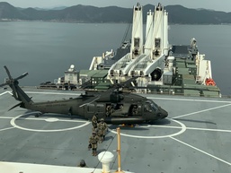 U.S. Army Assault Helicopters Conduct Deck Landings on USNS Dahl