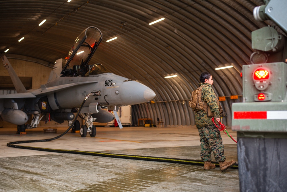 U.S. Marines with Marine Wing Support Squadron (MWSS) 273 refuel an F/A-18C Hornet during Exercise Nordic Response 24